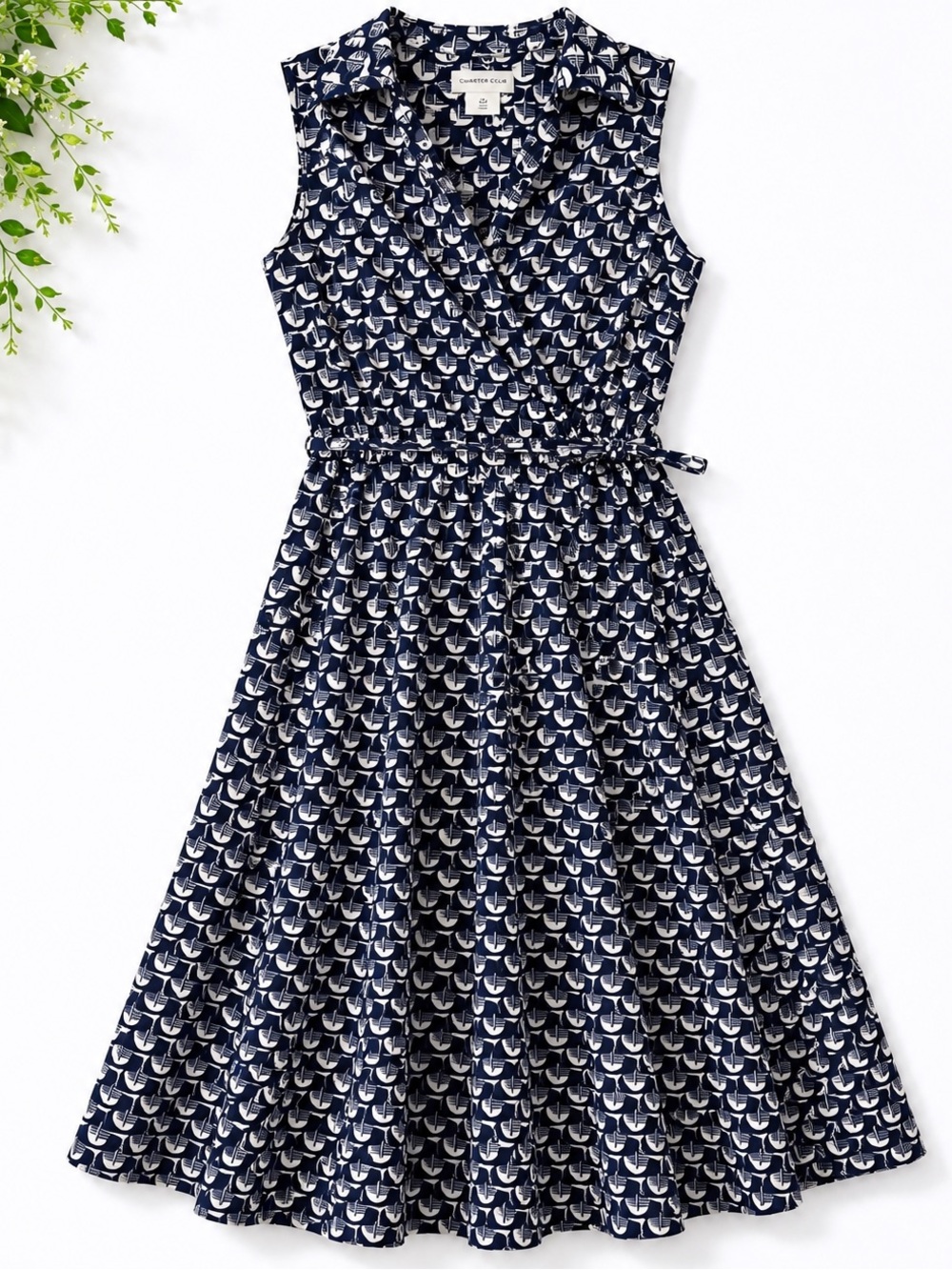 Charter Club Black White Geometric Sleeveless Belted Midi Dress Size 10